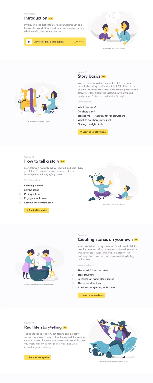 Bedtime Stories School landing page, light-mode, illustrated, light
