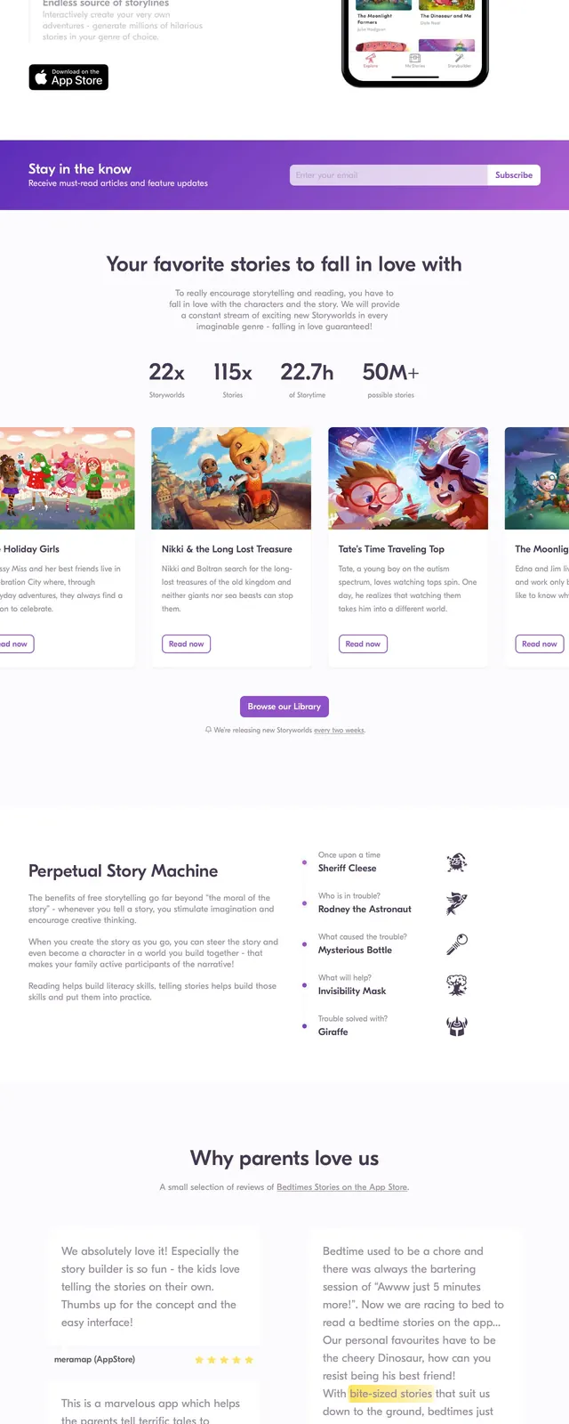 Bedtime Stories Landing Page, playful, illustrated, light