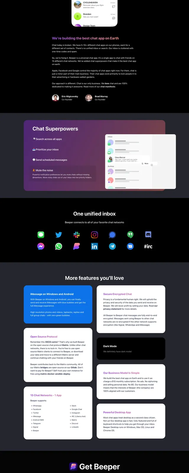Beeper Unified Inbox Hero, gradient-heavy, dark-mode, dark