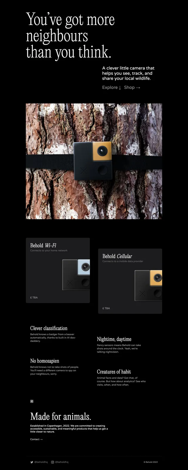 Behold wildlife camera landing page, dark-mode, editorial, dark