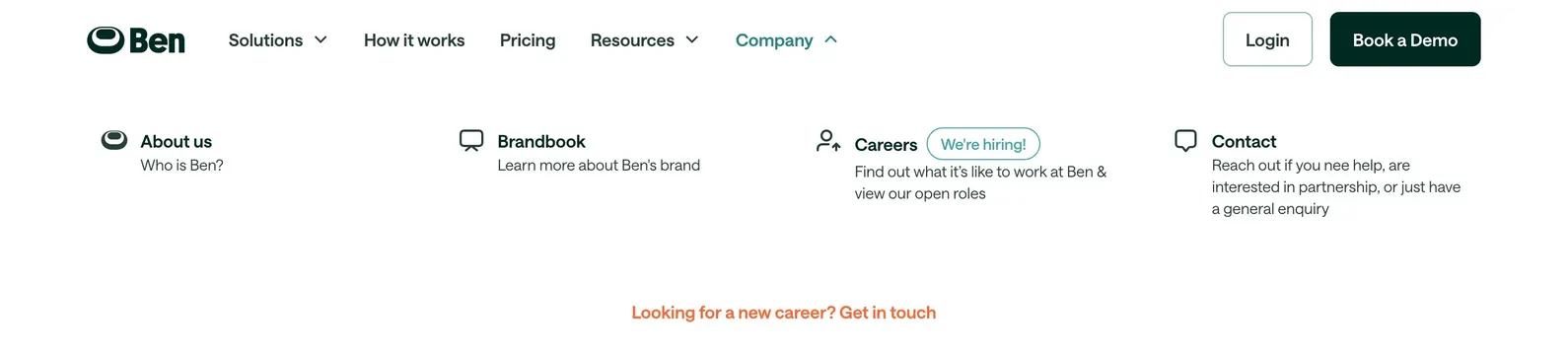 Ben Company mega-menu dropdown, minimal, corporate-clean, light