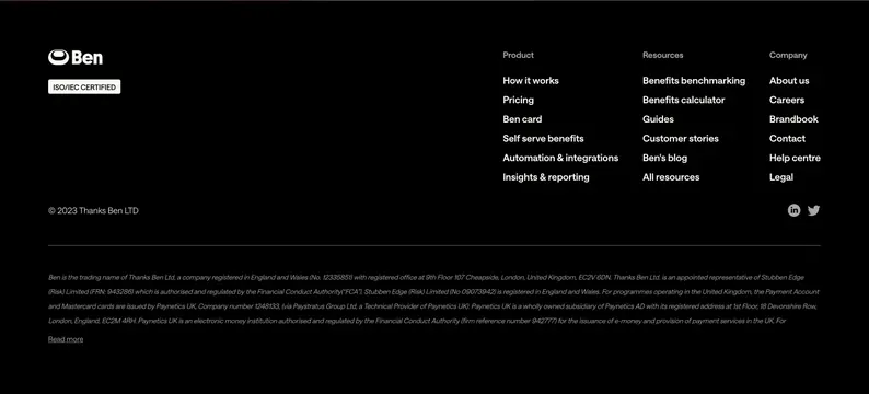 Ben dark multi-column footer with legal block, minimal, dark-mode, dark