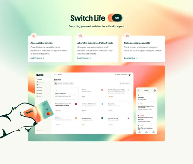 Ben Switch Life bento product showcase, minimal, gradient-heavy, light
