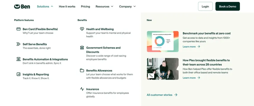 Ben Solutions mega-menu with featured column, minimal, corporate-clean, light
