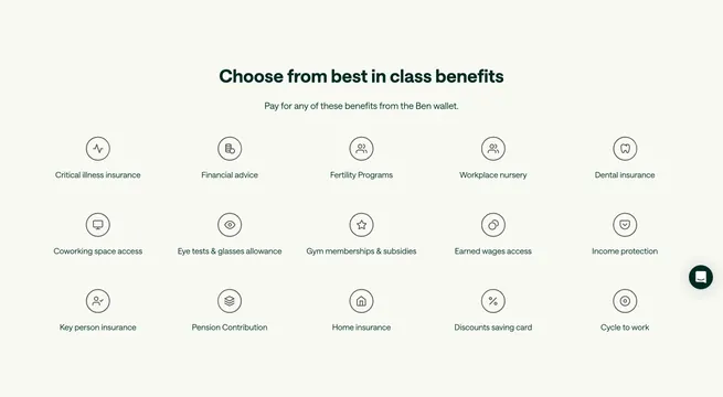Ben Card benefits icon grid, minimal, light-mode, light
