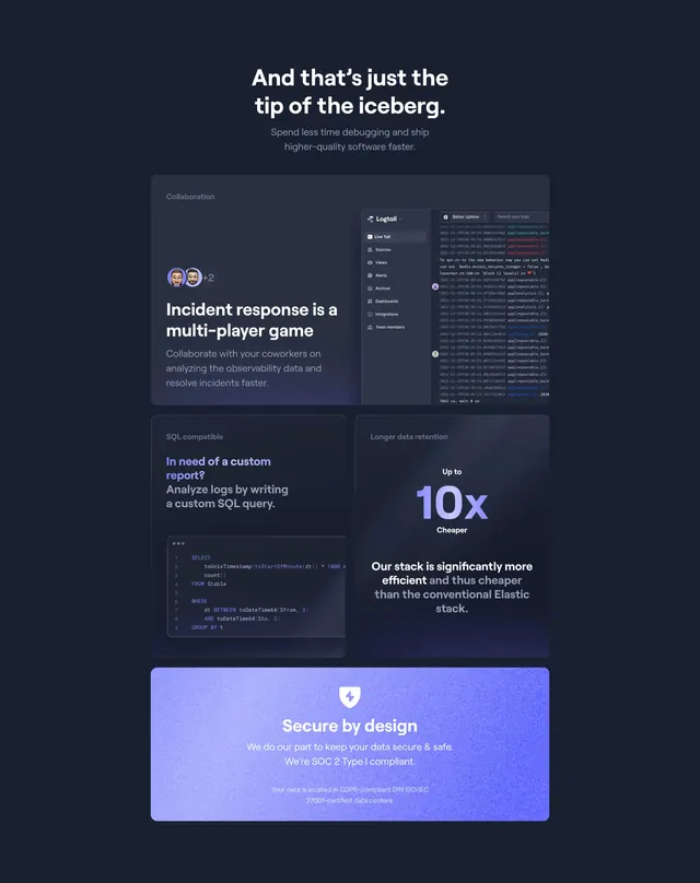 Better Stack iceberg bento feature grid, dark-mode, minimal, dark