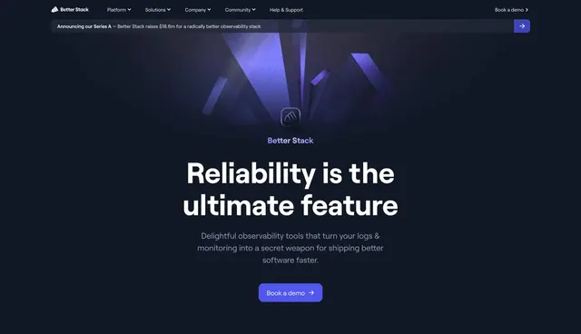 Better Stack observability hero with 3D pillars, dark-mode, minimal, dark