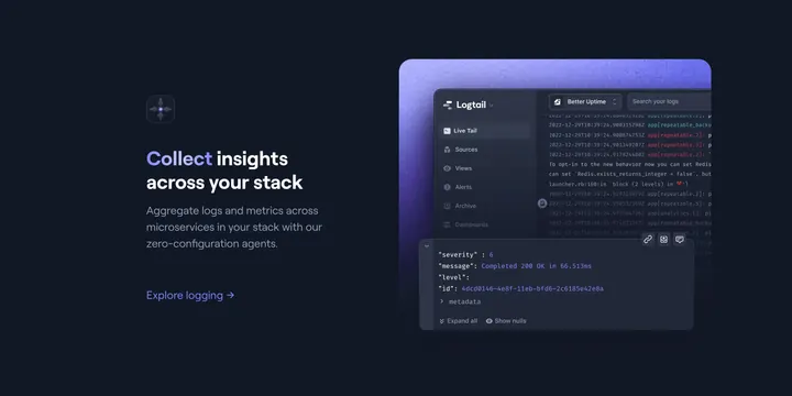 Better Stack Logtail logging split feature, dark-mode, minimal, dark
