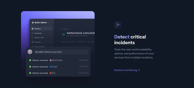 Better Stack monitoring split with timeline overlay, dark-mode, minimal, dark