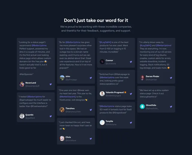 Better Stack Twitter-style testimonial masonry, dark-mode, minimal, dark