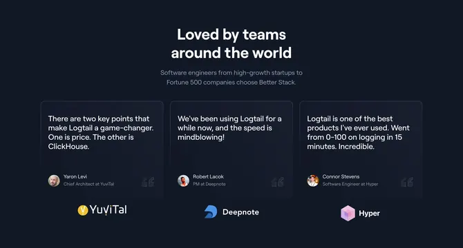 Better Stack Logtail three-quote testimonials, dark-mode, minimal, dark