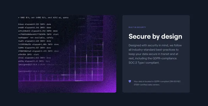 Better Stack Logtail secure-by-design split, dark-mode, minimal, dark
