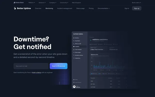 Better Uptime monitoring page split hero, dark-mode, minimal, dark