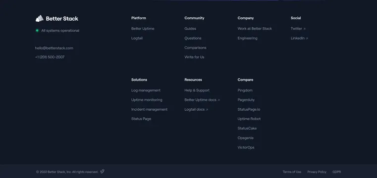 Better Stack multi-column dark footer, dark-mode, minimal, dark