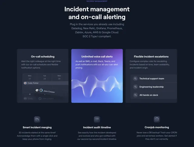 Better Uptime incident management feature grid, dark-mode, minimal, dark