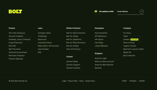 Bolt dark multi-column footer, minimal, dark-mode, dark