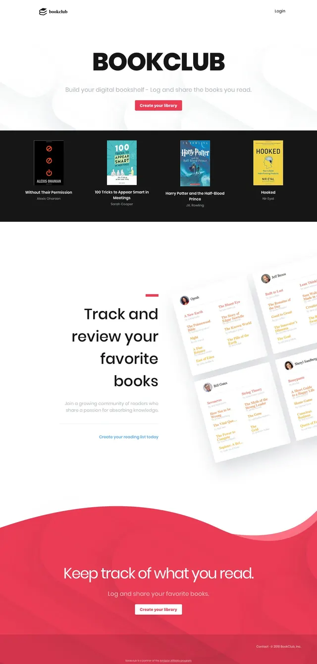 Bookclub landing page, minimal, editorial, light