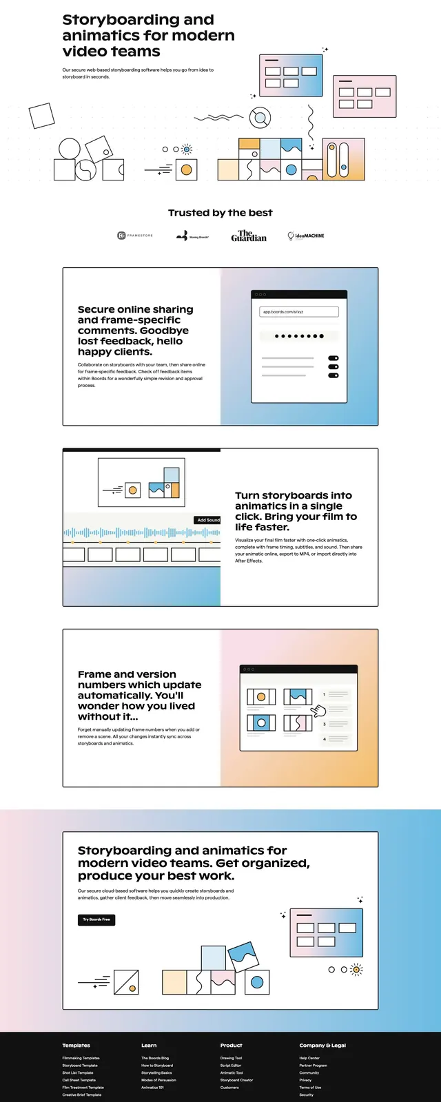 Boords storyboard SaaS landing page, minimal, illustrated, light