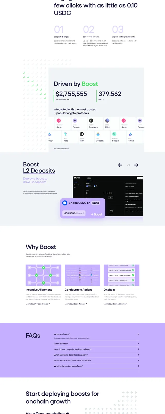 Boost onchain incentives landing page, minimal, corporate-clean, light