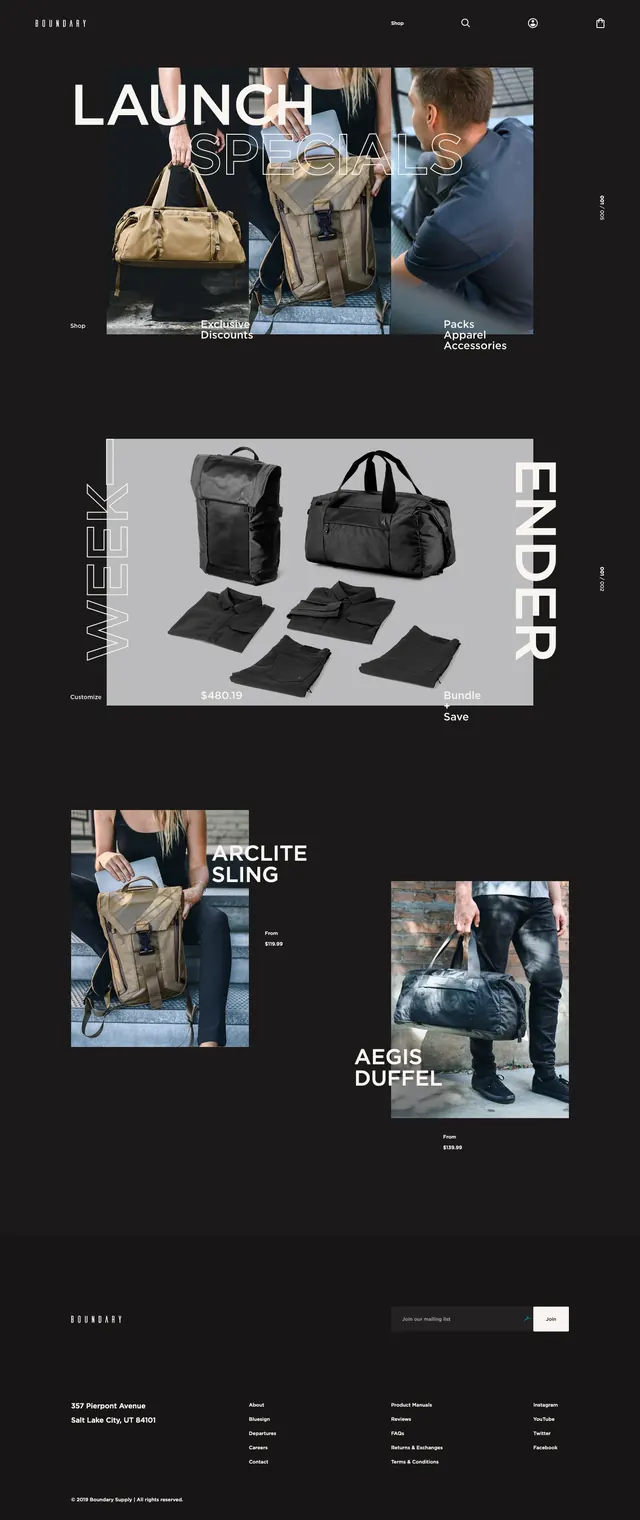 Boundary Supply dark ecommerce landing page, dark-mode, editorial, dark