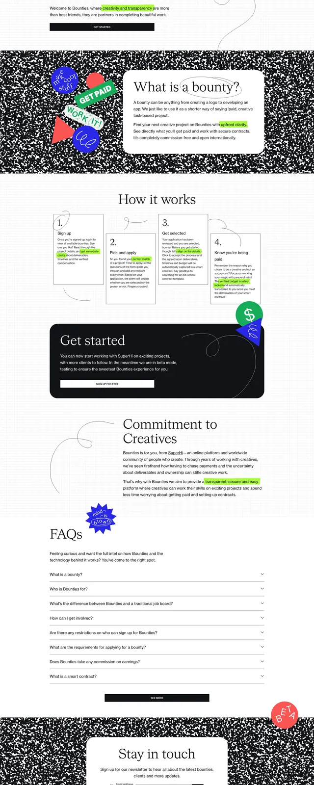 Bounties editorial landing page, editorial, monochrome, dark