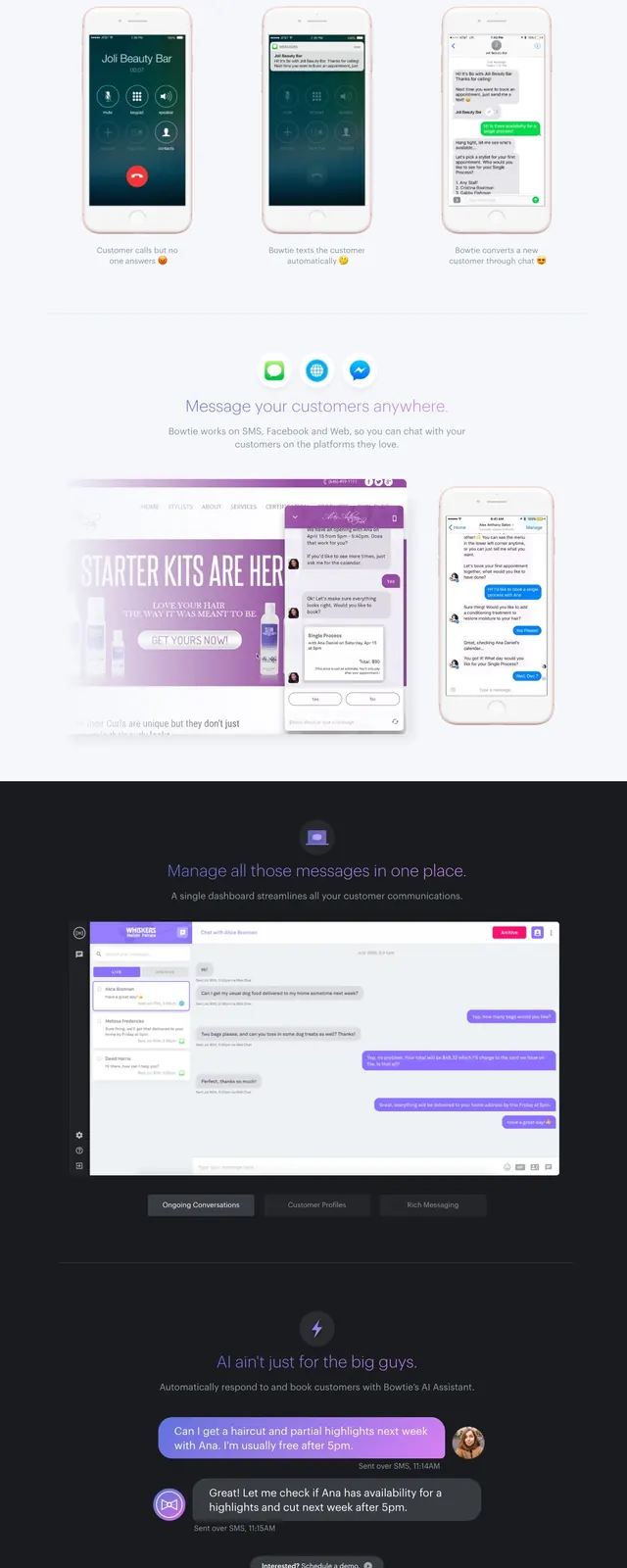 Bowtie SaaS landing page, gradient-heavy, light-mode, light