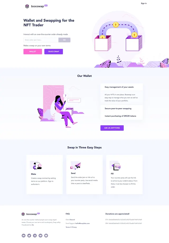 Boxswap crypto landing page, light-mode, illustrated, light