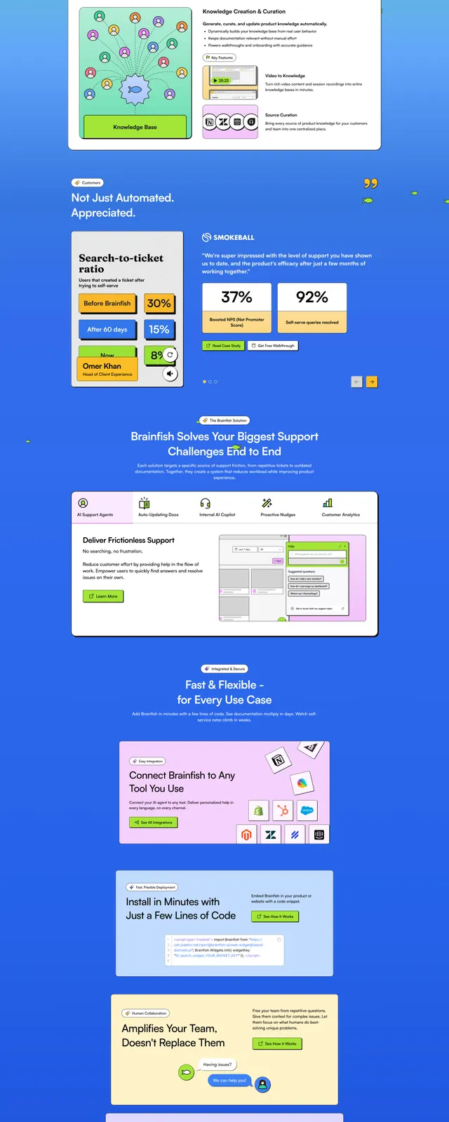 Brainfish AI support homepage, illustrated, playful, light