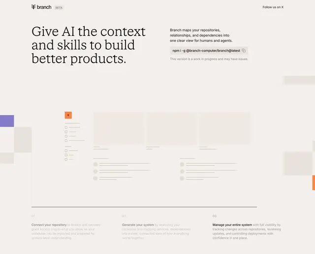 Branch AI platform hero, minimal, technical, light