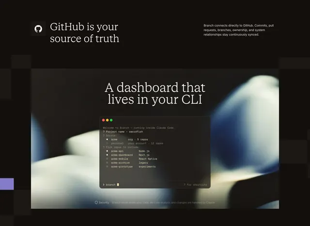 Branch GitHub CLI integration feature, minimal, dark-mode, dark