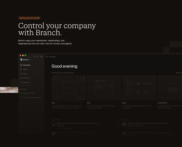 Branch macOS product showcase, minimal, dark-mode, dark