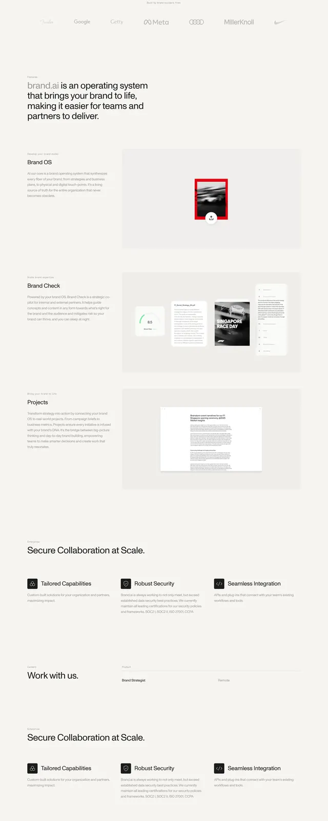 Brand.ai editorial SaaS landing page, minimal, editorial, light
