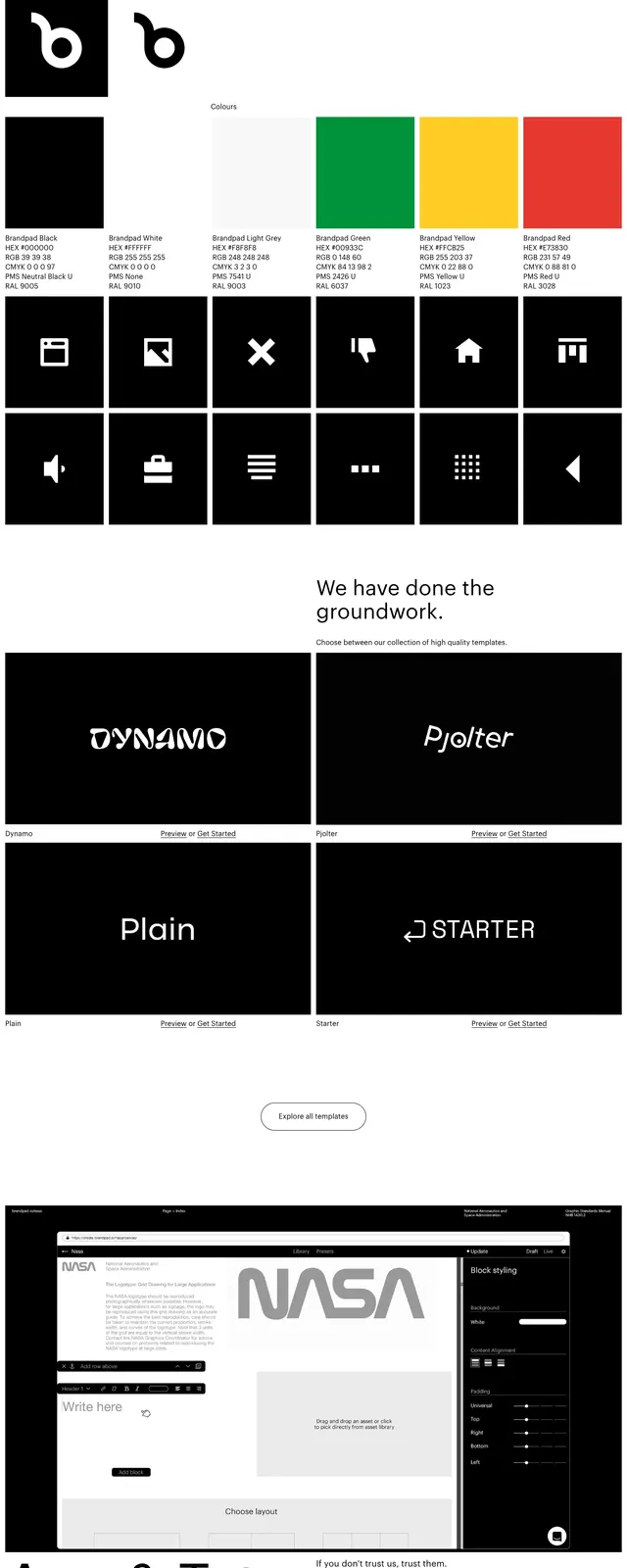 Brandpad brand guidelines landing page, swiss, editorial, light