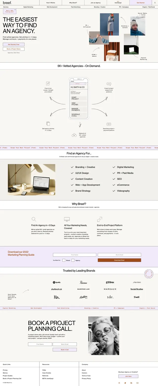 Breef agency landing page, editorial, minimal, light