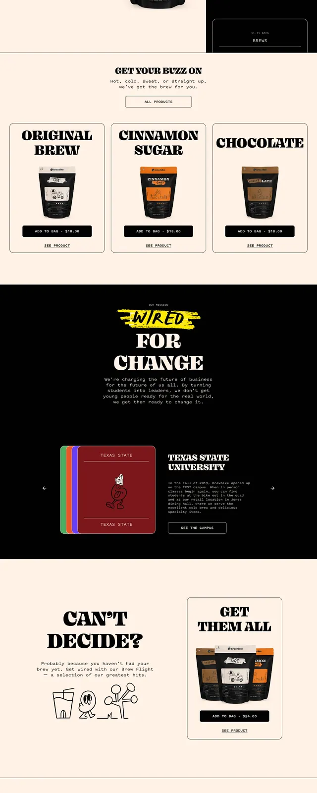 Brewbike coffee landing page, editorial, retro, light