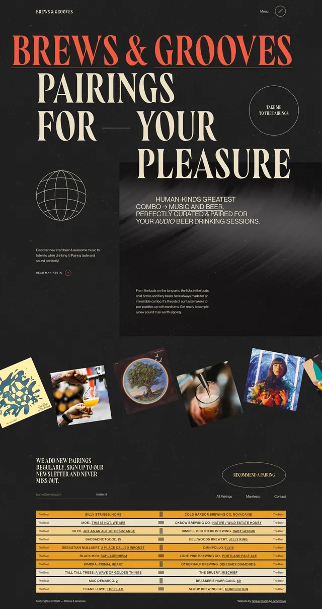 Brews & Grooves landing page, editorial, dark-mode, dark