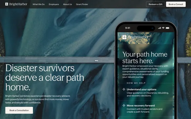 Bright Harbor disaster recovery hero, editorial, minimal, dark