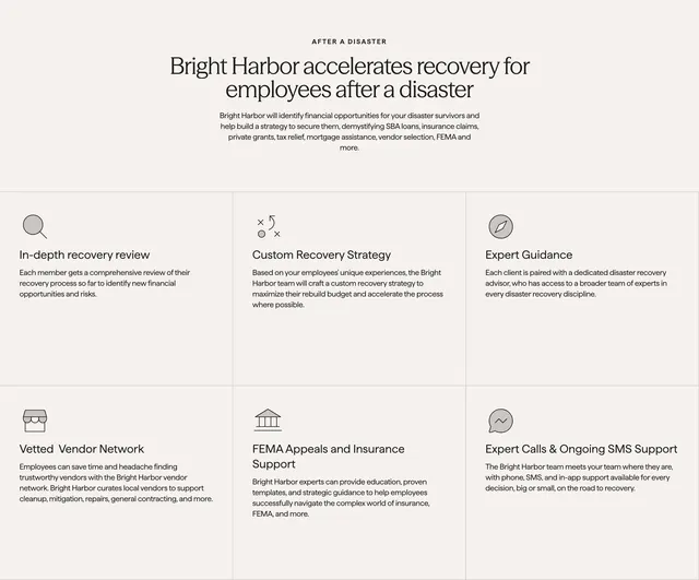 Bright Harbor employee recovery grid, editorial, minimal, light