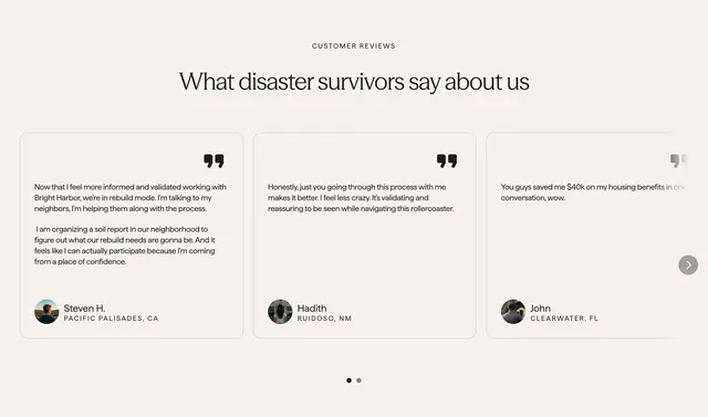 Bright Harbor testimonial carousel, editorial, minimal, light