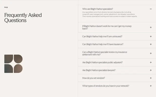 Bright Harbor FAQ accordion, editorial, minimal, light