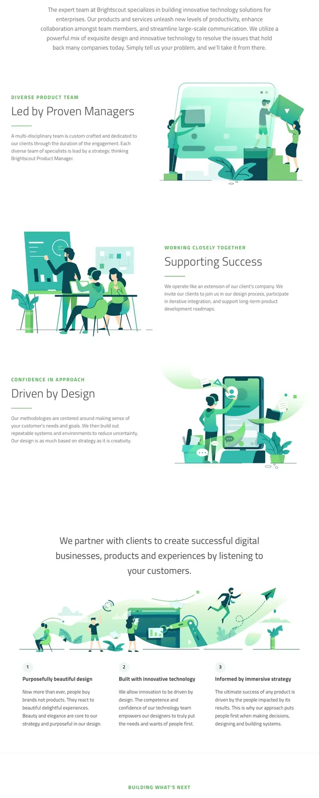 Brightscout agency landing page, illustrated, light-mode, light