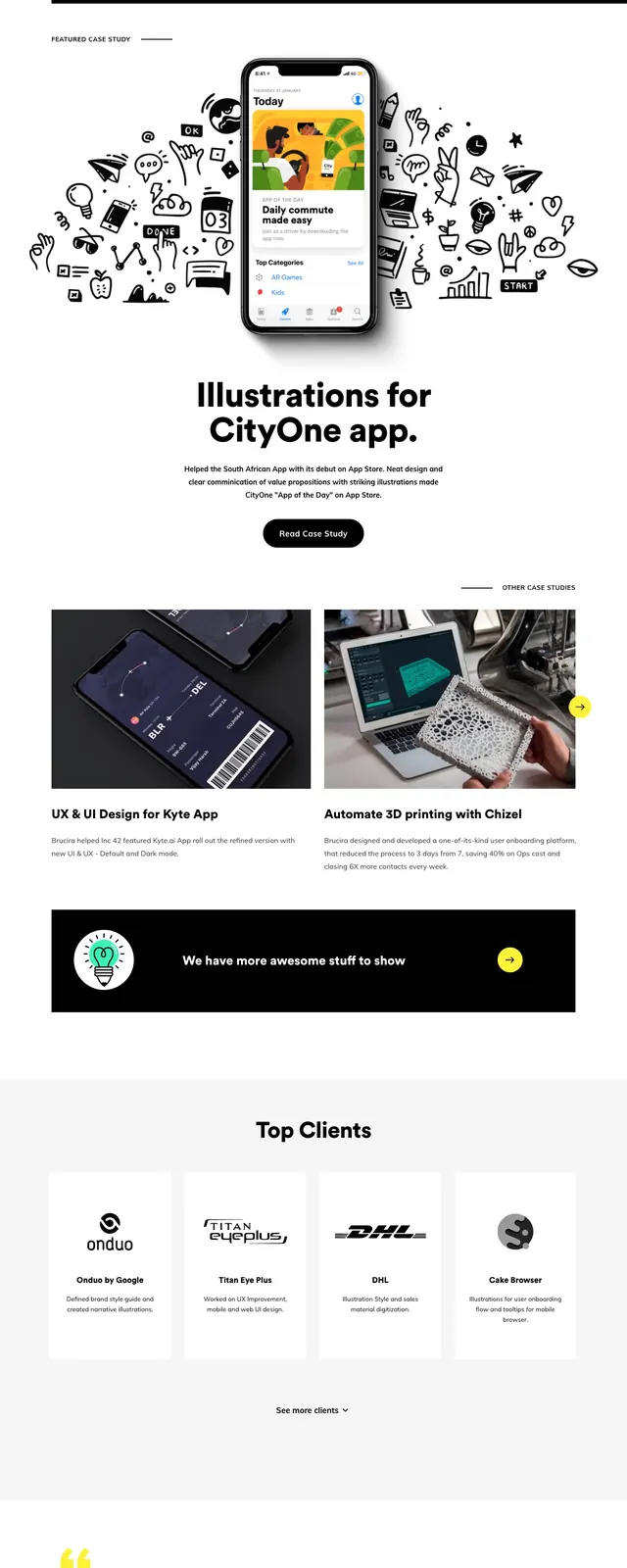 Brucia agency homepage, editorial, illustrated, light