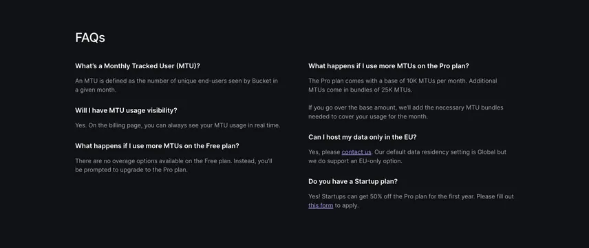 Bucket FAQs Section, dark-mode, minimal, dark