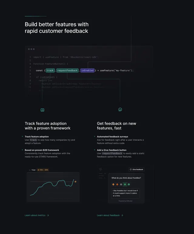 Bucket Features Section, dark-mode, technical, dark