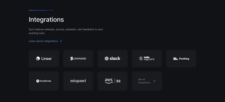 Bucket Integrations Section, dark-mode, minimal, dark