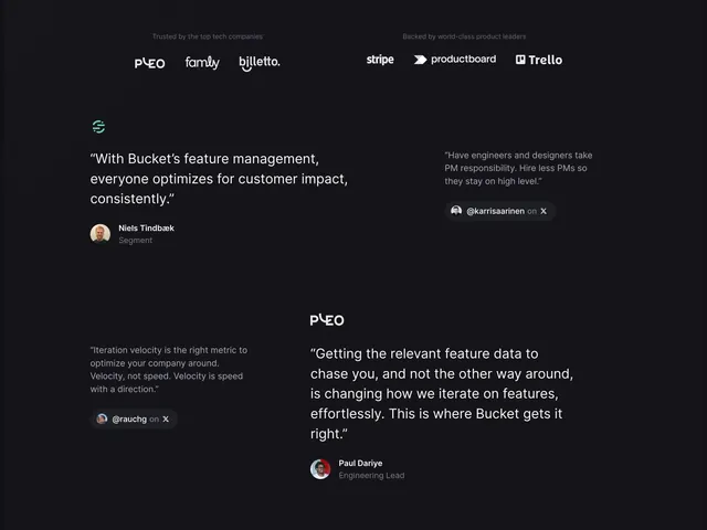 Bucket Testimonials Section, dark-mode, minimal, dark