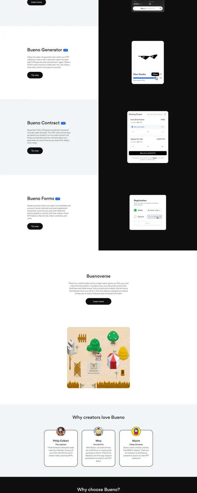 Bueno NFT toolkit landing page, dark-mode, minimal, dark
