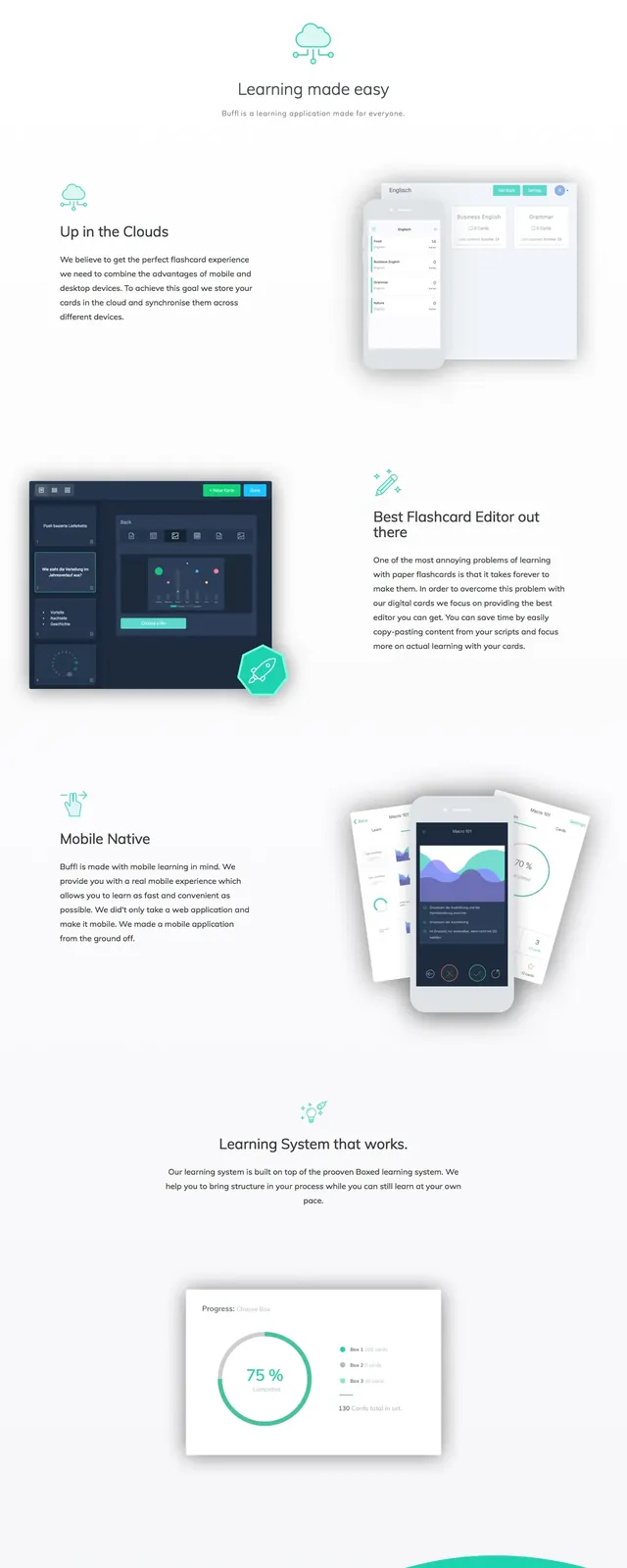 Buffl learning app landing page, light-mode, illustrated, light