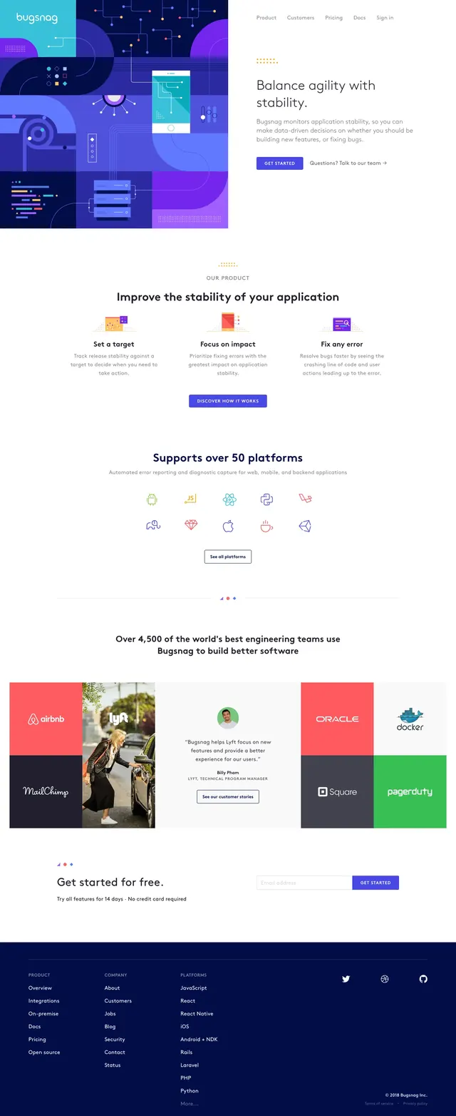 Bugsnag SaaS homepage, corporate-clean, technical, light
