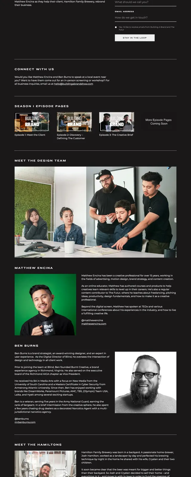 Documentary series landing page, editorial, dark-mode, dark